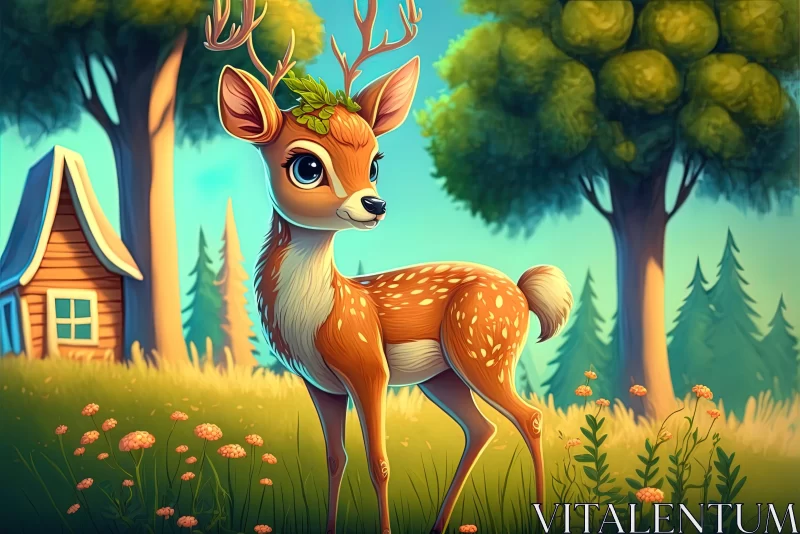 Whimsical Deer in Forest - Cartoon Realism Art AI Image