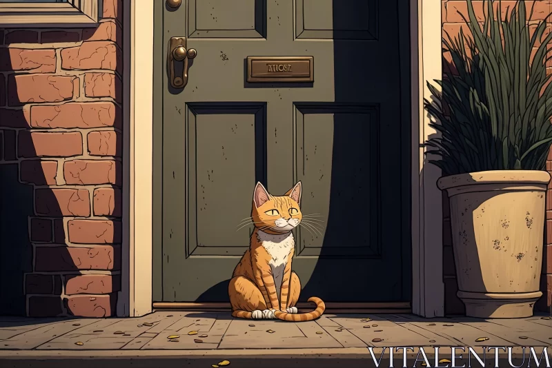 Illustrative 2D Game Art of Cat by the Door AI Image