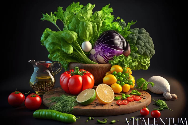 Colorful Arrangement of Fruits and Vegetables on a Wooden Board AI Image
