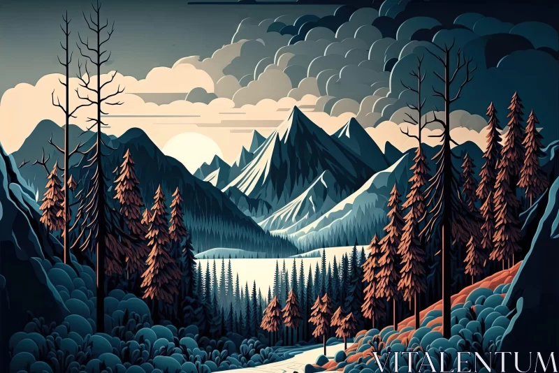 Mountain Landscape Artwork in Cabincore and Whistlerian Style AI Image