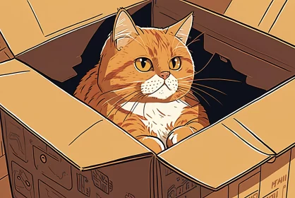 Warm Tones Neo-Pop Illustration of a Cat in a Box