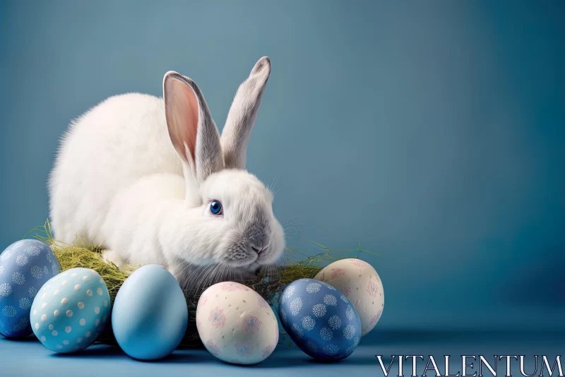 AI ART White Rabbit with Easter Eggs - Monochromatic Blue Composition