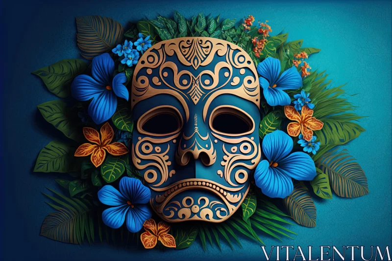 Artistic Blue Sugar Skull Mask with Maori Art Influence AI Image