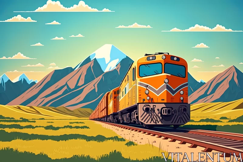 Cartoon Train Journey Against Mountain Backdrop AI Image