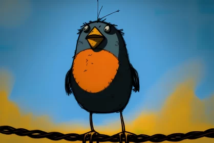 Charming Cartoon Bird on Wire - Surrealistic Digital Art AI Image