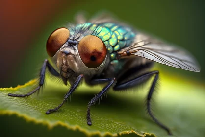 Intricate Fly Portrait with Blue Eyes on Leaf