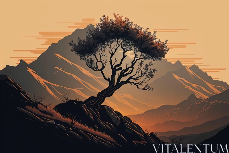 Mountain top tree under sunset - Illustrative art AI Image