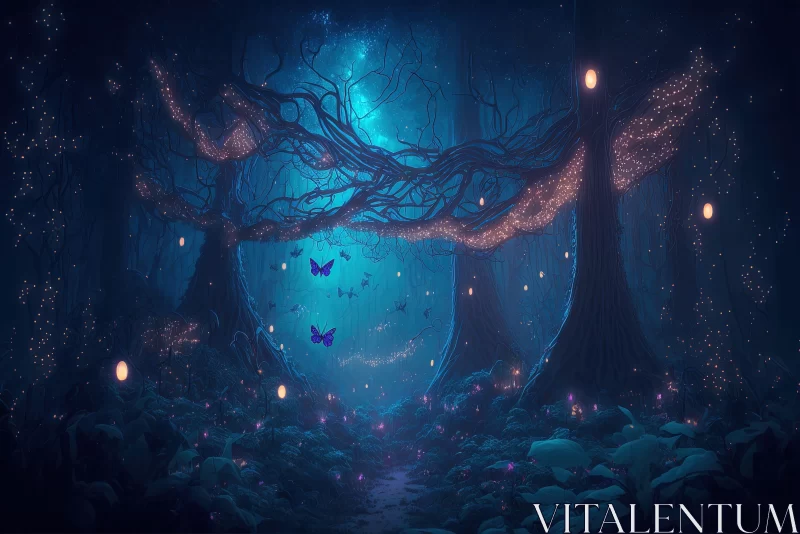 Mysterious Forest: A Starlit Night with Butterflies AI Image