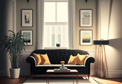 Vintage Poster Style Interior Design with Yellow Couch