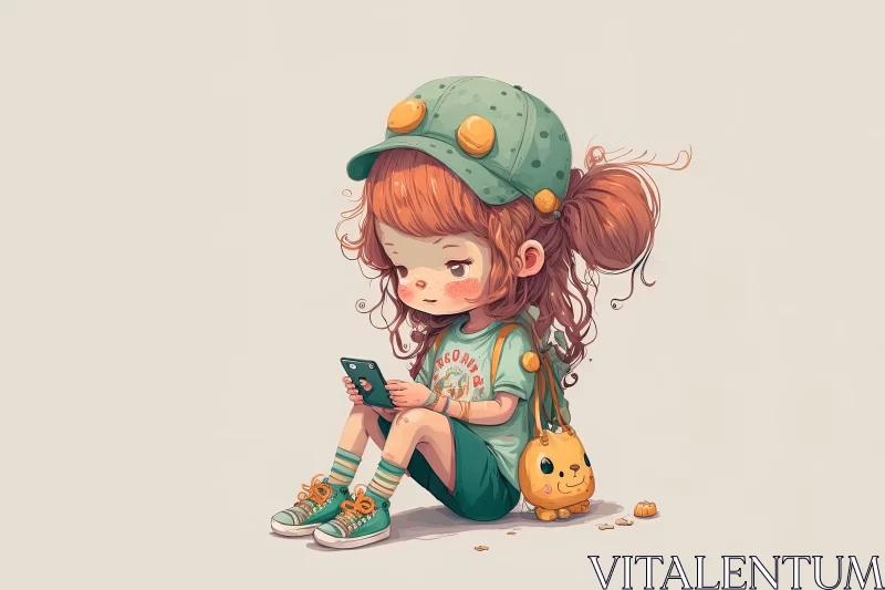 Charming Anime-style Illustration of Girl with Smartphone AI Image