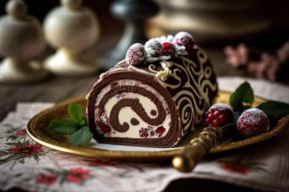 Elegant Chocolate and Cranberry Christmas Roll in Monochrome