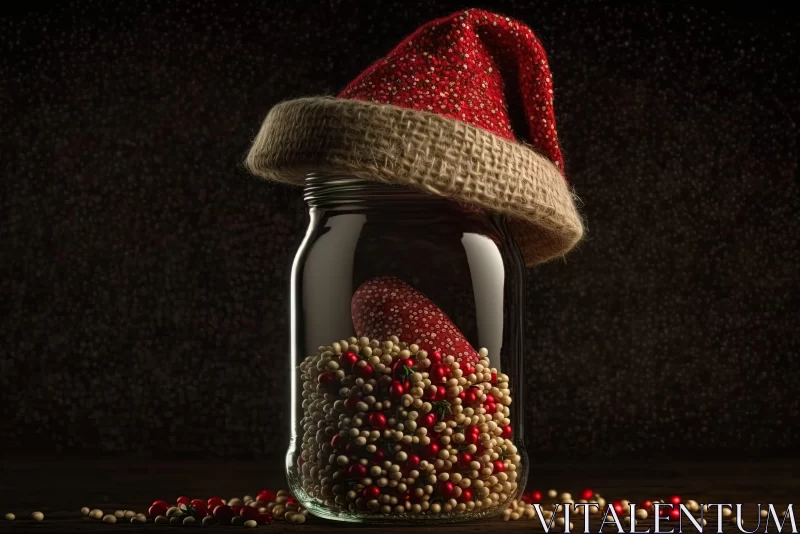 Festive Still Life: Santa Hat and Jar with Red Seeds AI Image