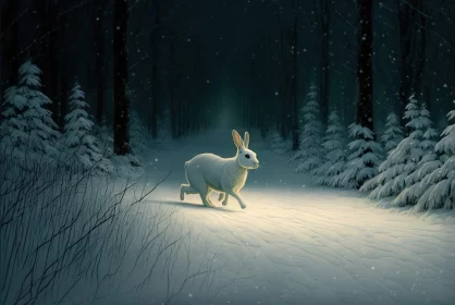 White Rabbit Running in Snowy Woods - Nightscape Illustration