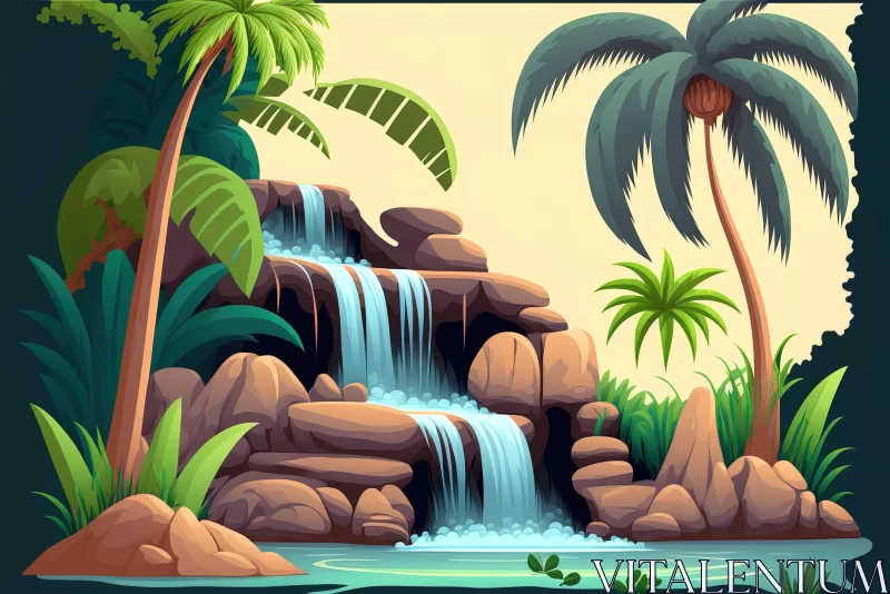 Cartoon Jungle Scenery with Waterfall AI Image