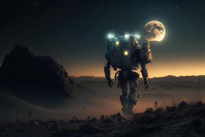 Robot's Moonlit Journey in a Desert - Dieselpunk Art