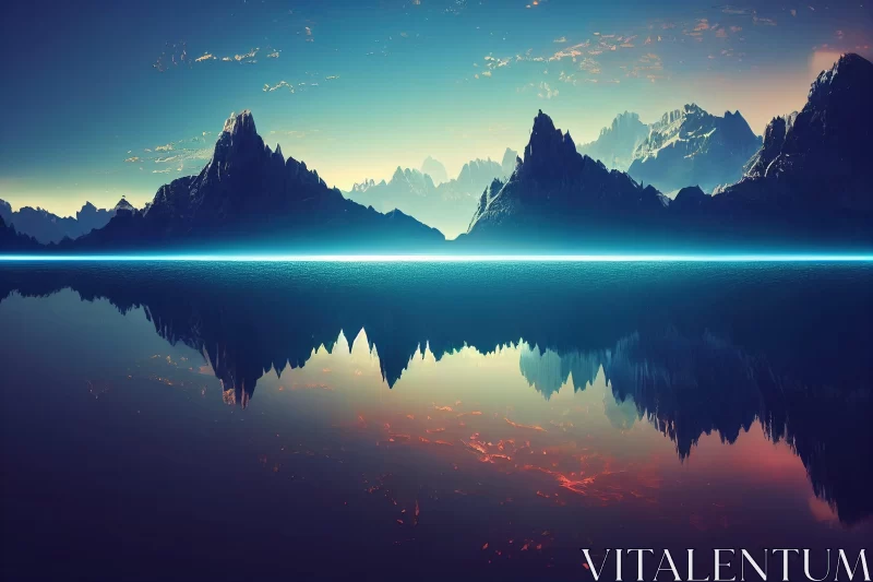 Sci-Fi Landscape: Mountains Reflecting in Lake at Night AI Image