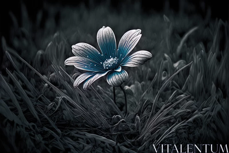 Surrealistic Blue Flower Amidst Grass - Black and White Illustration AI Image