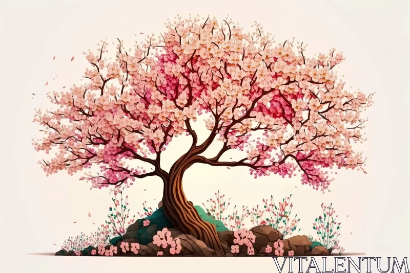 Whimsical Japanese Art - Pink Blossom Tree AI Image