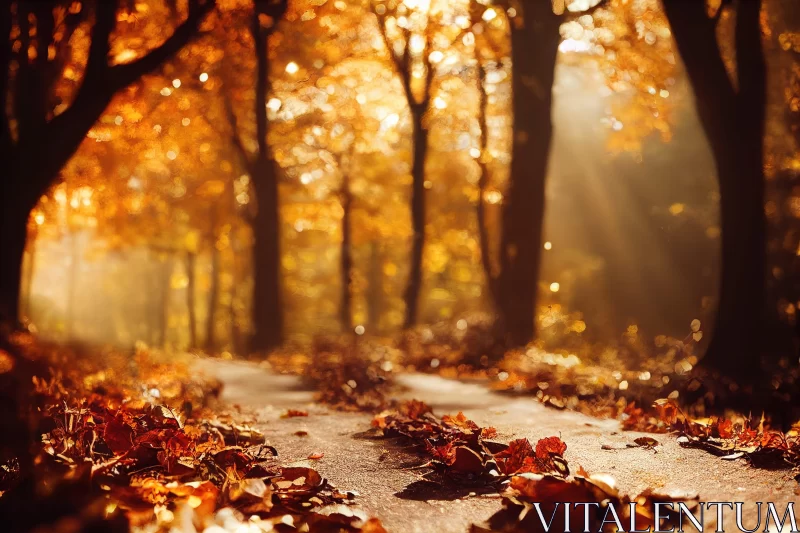 Autumn Forest Path Bathed in Golden Sunlight AI Image