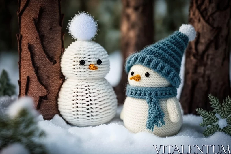 Charming Crocheted Snowmen in a Forest Scene AI Image