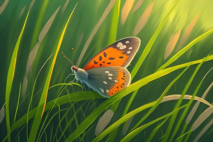 Charming Illustration of Orange Butterfly on Grass AI Image