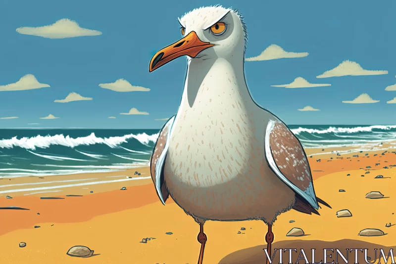 Editorial Cartoon Style Seagull on Beach Illustration AI Image