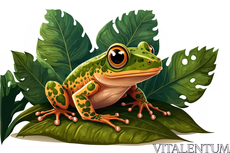 Lush Cartoon Frog on a Leaf Illustration AI Image