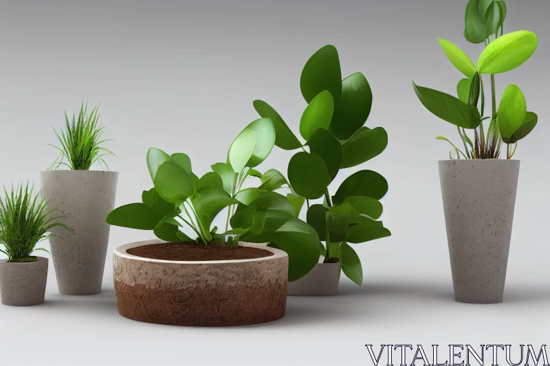 Minimalist Still Life: Potted Plants Against a Gray Backdrop AI Image