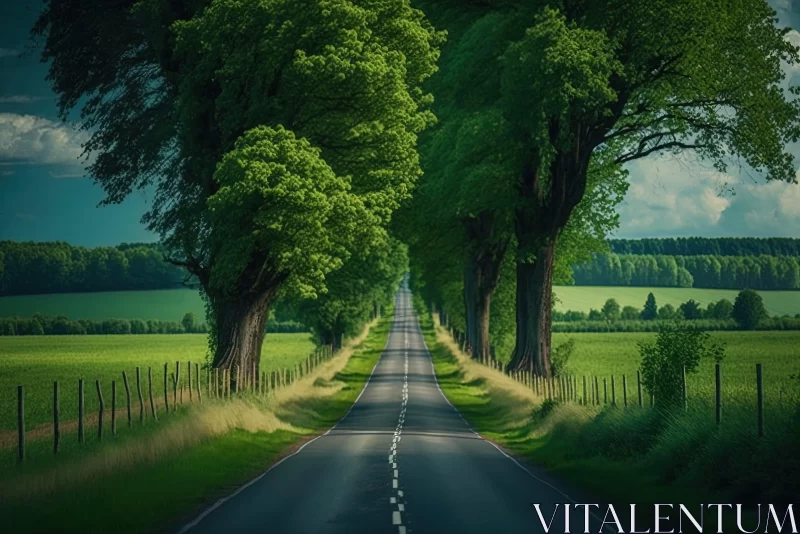Whimsical Landscape: English Countryside Road Amidst Verdant Trees AI Image