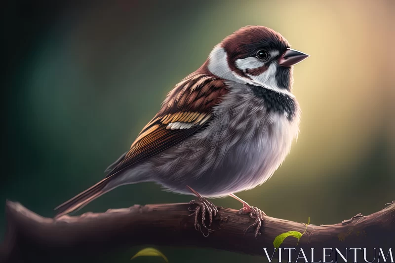 Artistic Sparrow Portrait on Branch with Realistic Landscape AI Image