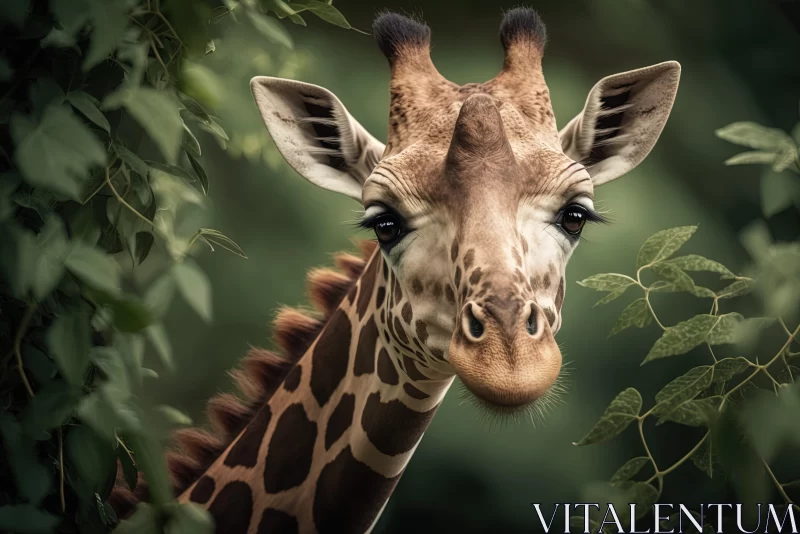 Close-Up Portrait of a Giraffe Amidst Green Leaves AI Image
