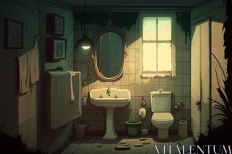 Nostalgic Cartoon-Style Bathroom Scene in Light Beige and Green AI Image