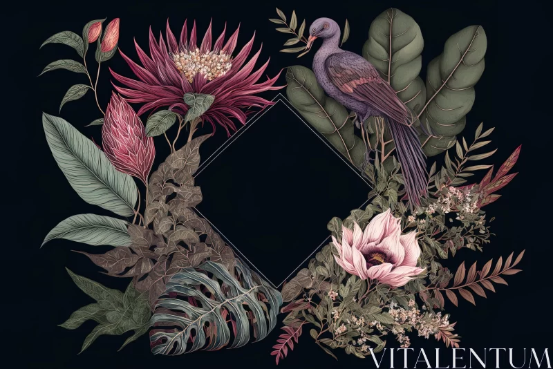 Tropical Baroque Illustration of Flowers and Birds AI Image