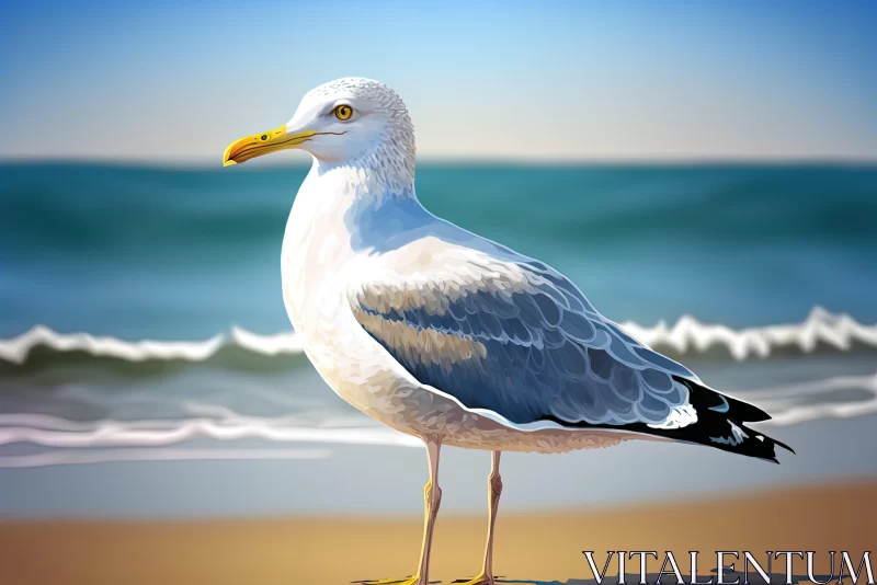Cartoon Realism Seagull Illustration: Detailed Marine Beach Scene AI Image