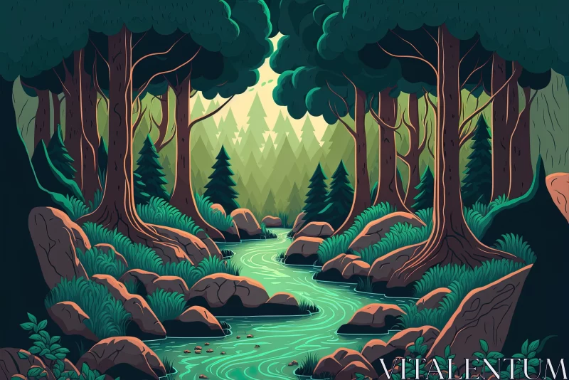 Emerald Forest with River in Cartoon Style Illustration AI Image