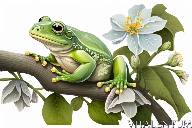 Green Frog on Branch with Flowers: An Intricate Animal Illustration AI Image
