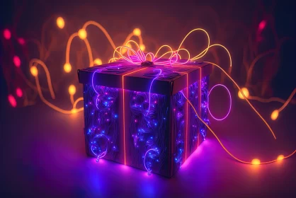Neon-Lit Gift Box - A Whimsical Display of Digital Artistry AI Image