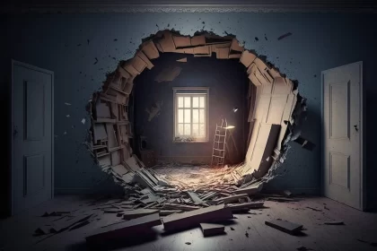Architectural Chaos: Broken Room With Gravity-Defying Landscapes AI Image