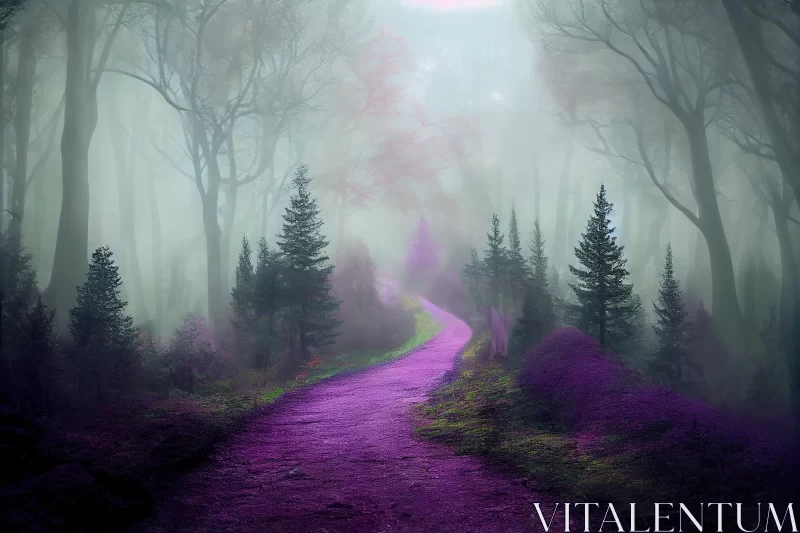 Mystical Purple Path in Foggy Forest: A Fairytale Landscape AI Image