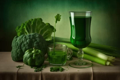 Surreal Still Life: A Fusion of Green Juice and Fresh Vegetables AI Image