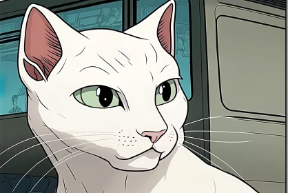 White Cat in Graphic Novel Style: A Neo-traditional Japanese Influence