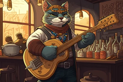 Cat Playing Guitar in Bar - A Kombuchapunk Concept Art