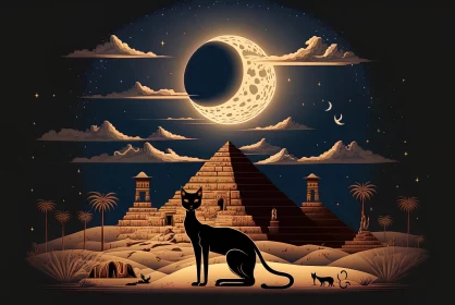 Egyptian Cat Under Moonlight Near Pyramid - Monochromatic Art AI Image