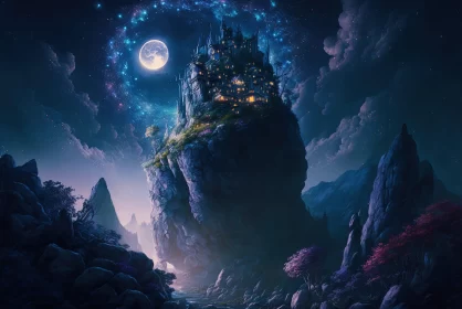Fantasy Castle on Mountain Top under Night Sky AI Image