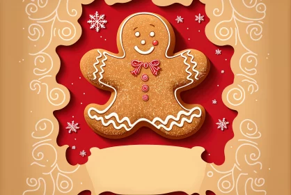 Festive Gingerbread Man with Christmas Decorations and Snow AI Image