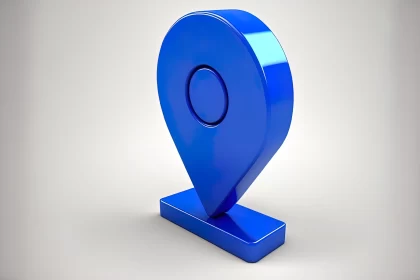 Minimalist Blue Pin Sculpture - A Blend of Cartography and Urban Signage