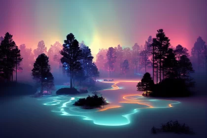 Neon Illuminated Forest and River - Tranquil and Colorful Landscape