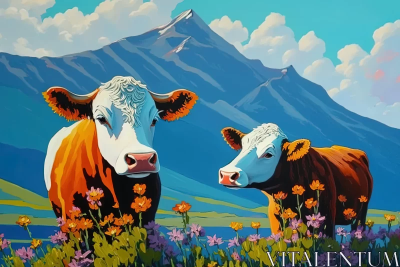 Vibrant Acrylic Painting of Cows in Mountain Landscape AI Image