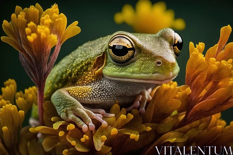 Intriguing Portrait of a Tree Frog Amidst Yellow Blooms AI Image