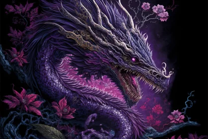 Purple Dragon Amidst Flowers - Traditional Chinese Inspired Art